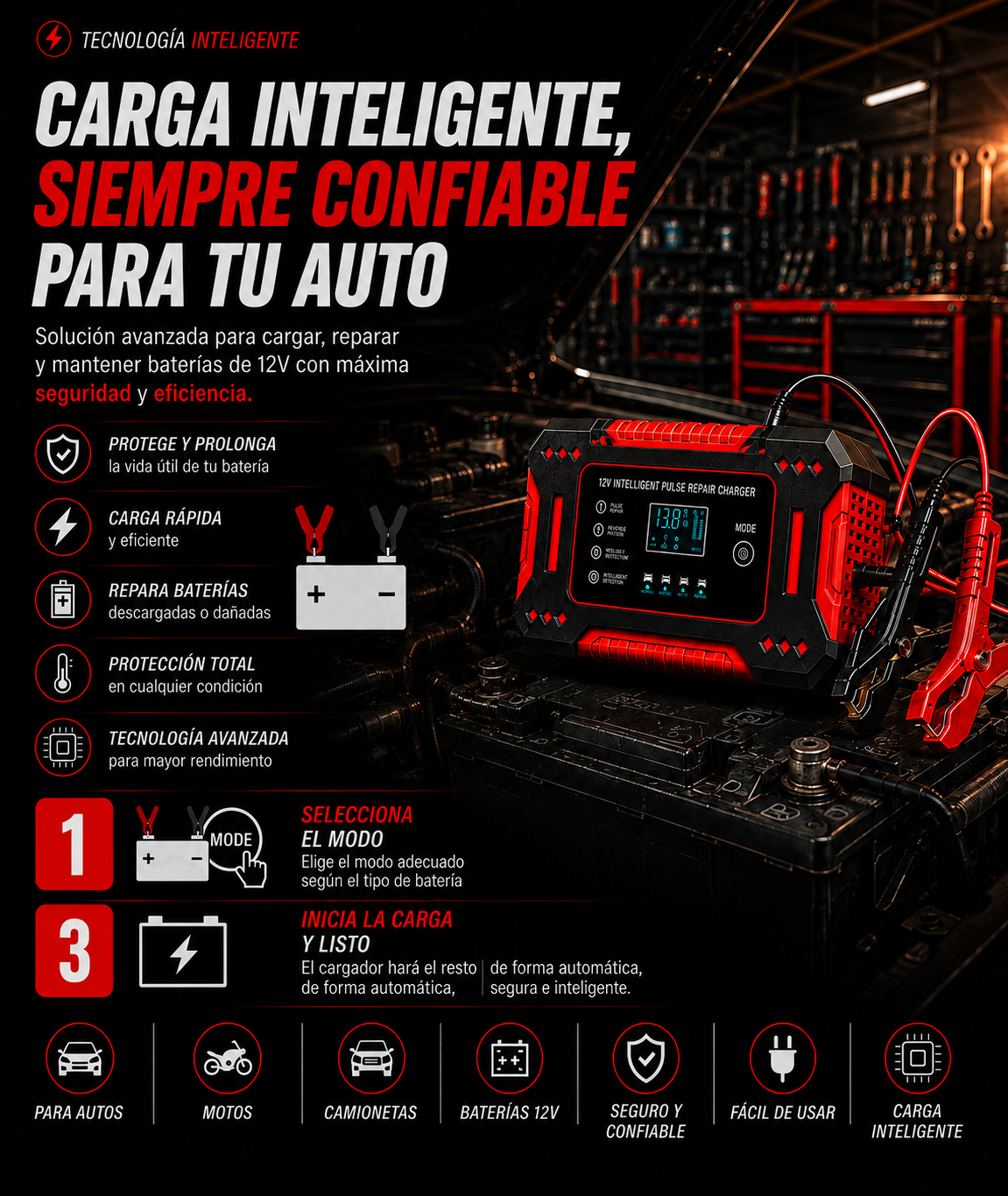 PowerPulse™ Cargador Reparador de Baterías Inteligente
